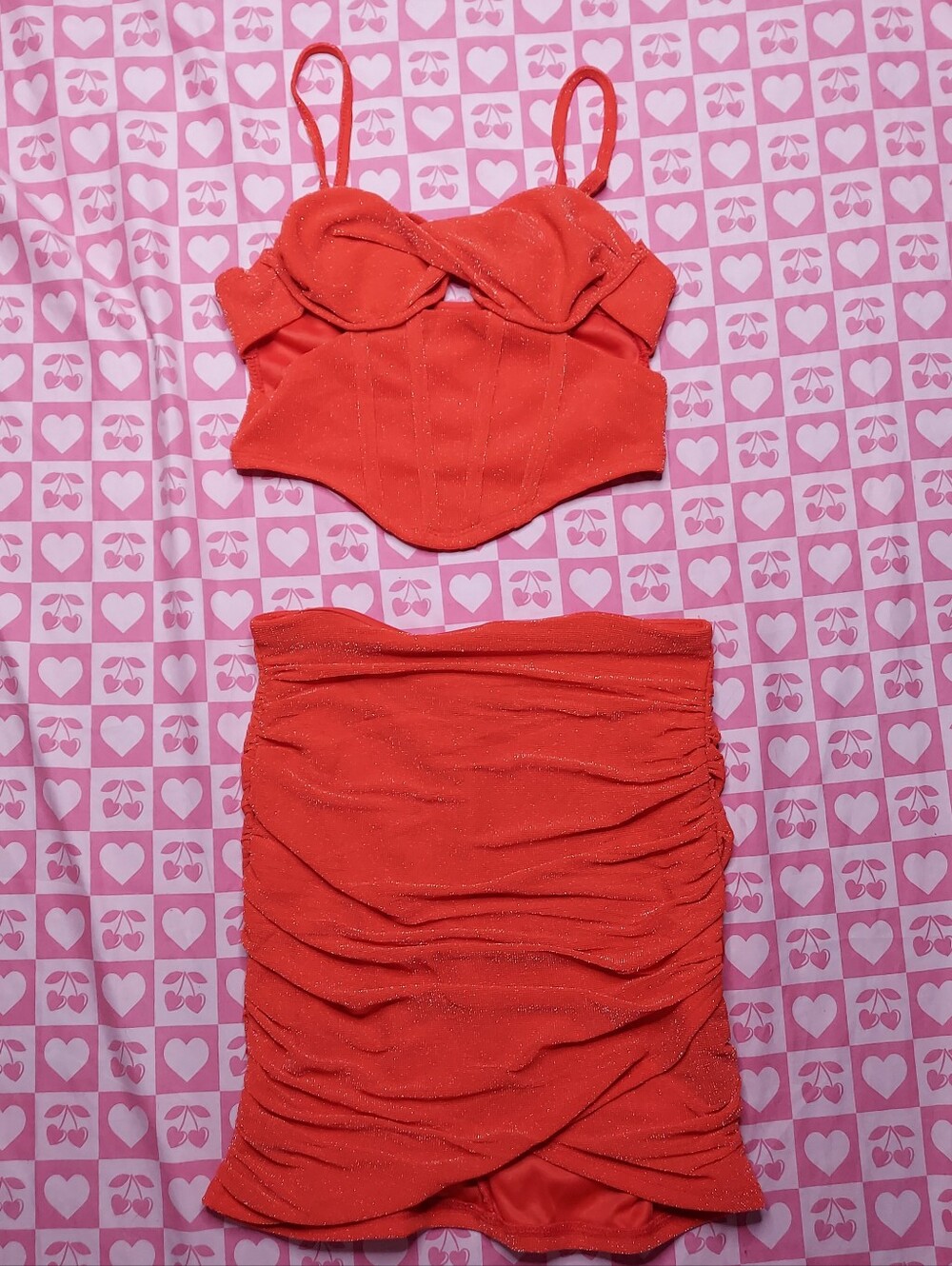 Red Sparkly 2 Piece Outfit Skirt & Crop Top